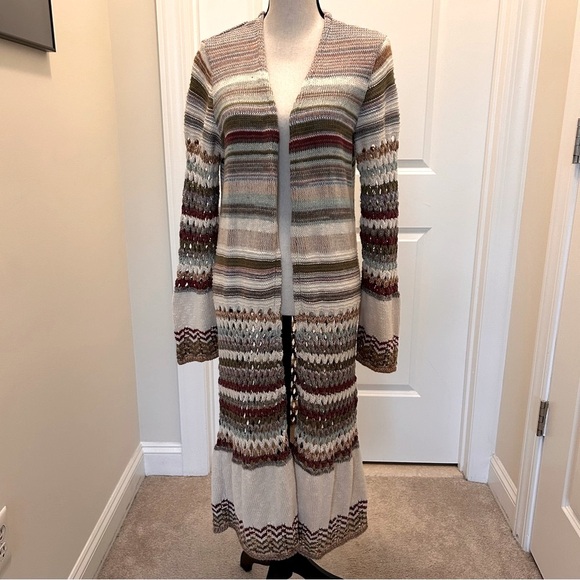 Boston Proper Cream and Brown Cozy Knit Long Open-Front Cardigan SZ S - Picture 1 of 9